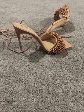 Nude Beaded Lace-Up Stiletto Sandals